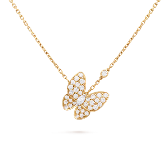 Double Butterfly Pendant Necklace, Yellow Gold Tone