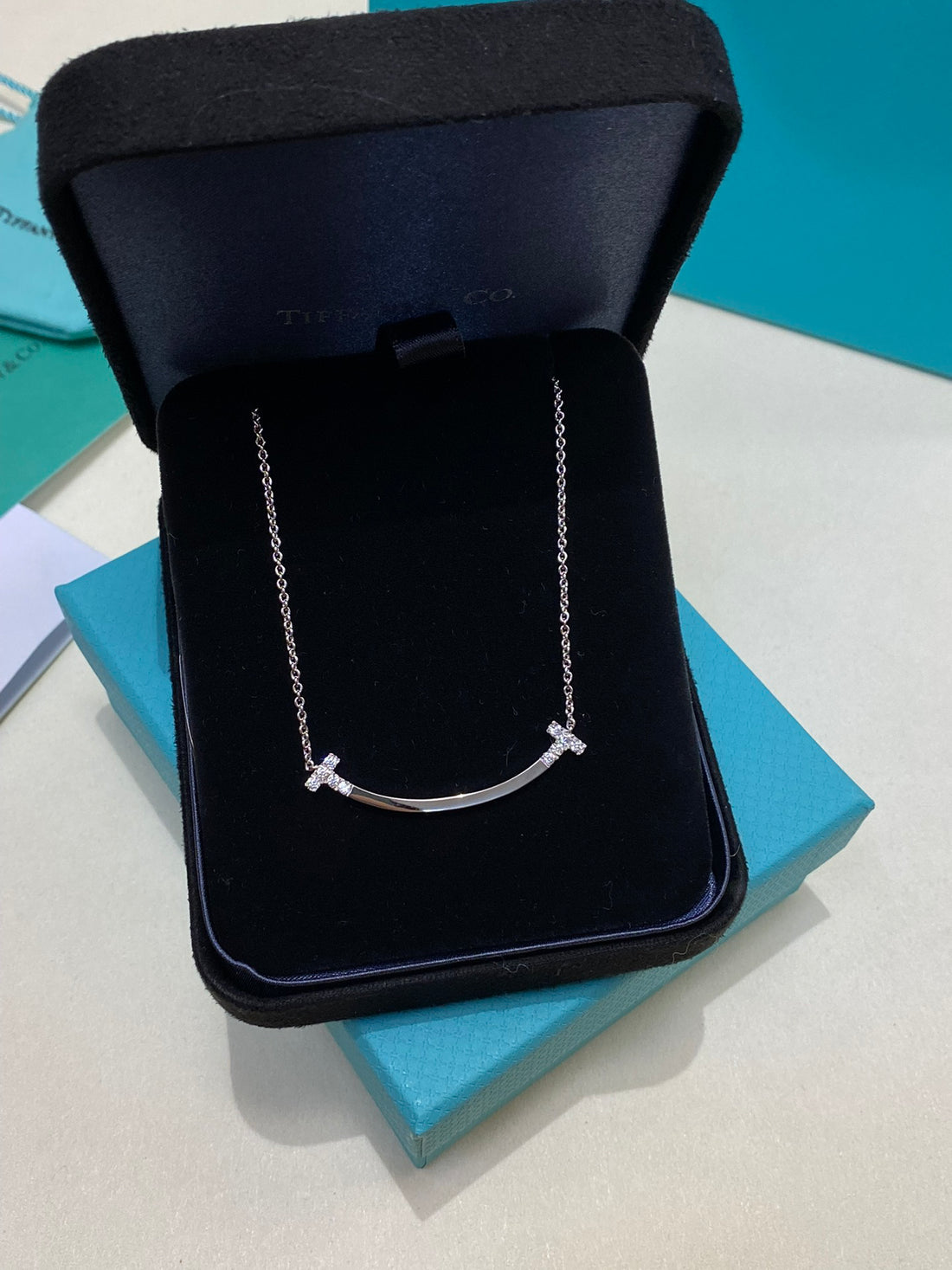 Smile Bar Pendant Necklace, White Gold Tone