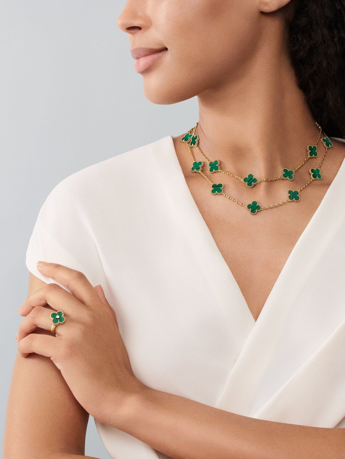Quatrefoil Long Necklace, 20 Motifs, Rose Gold Tone, Malachite