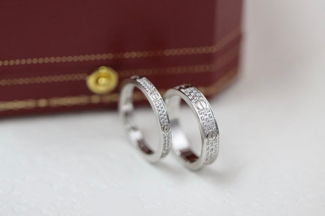 Screw-Motif Band Ring, Stone-Set, White Gold Tone