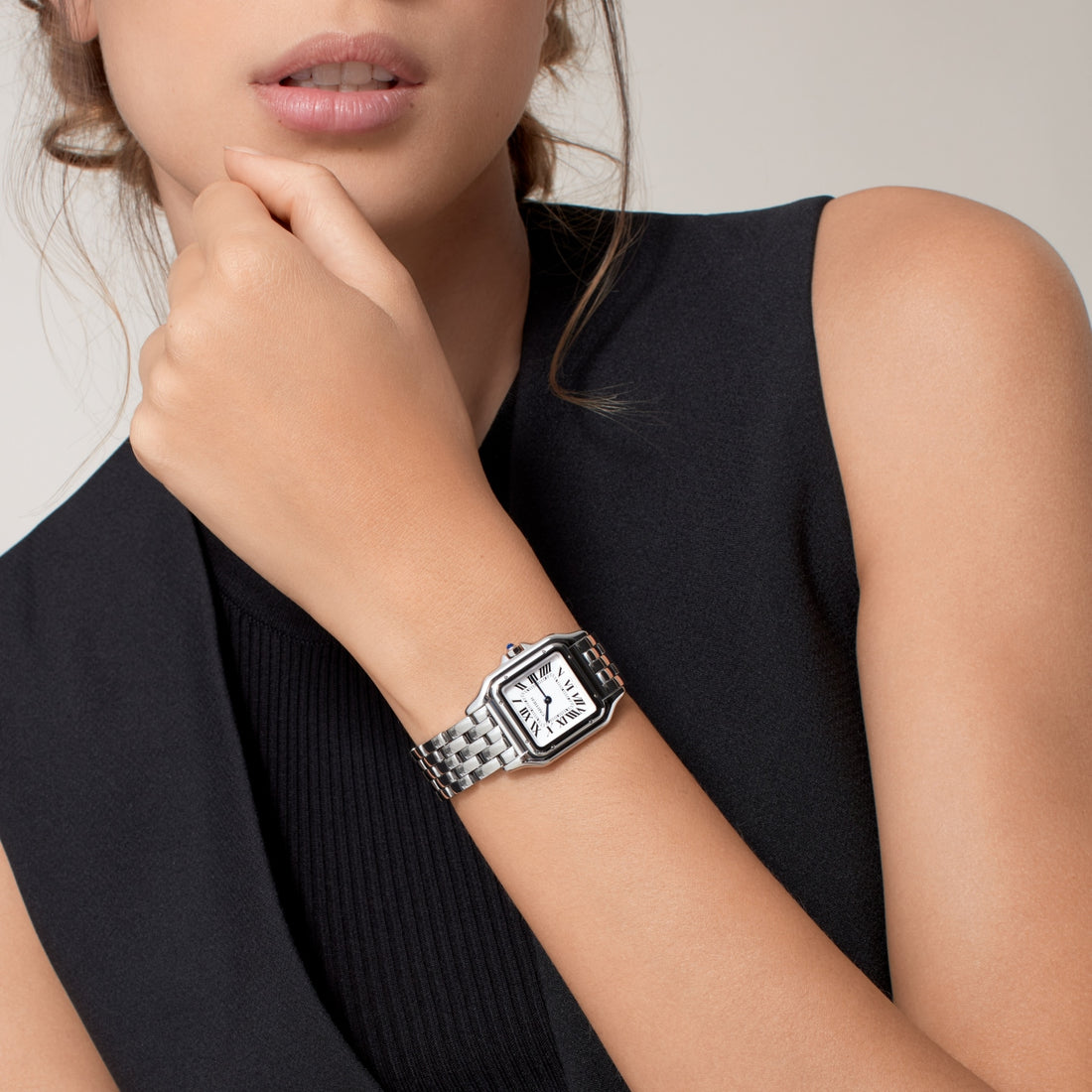 Square Link-Bracelet Watch, White Gold Tone, White