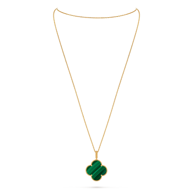 Quatrefoil Long Necklace, 1 Motifs, Yellow Gold Tone, Malachite