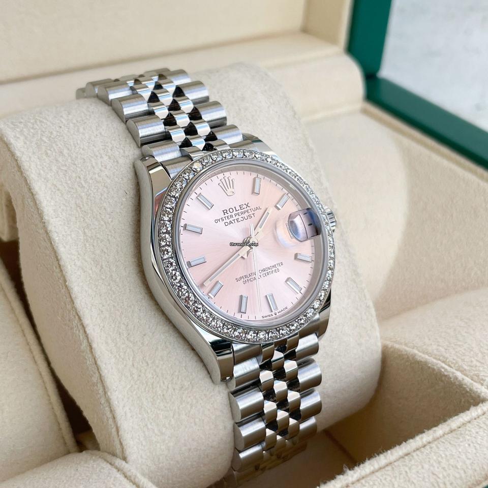 Classic Date Watch, White Gold Tone, Steel, Stone-Set, 36 mm