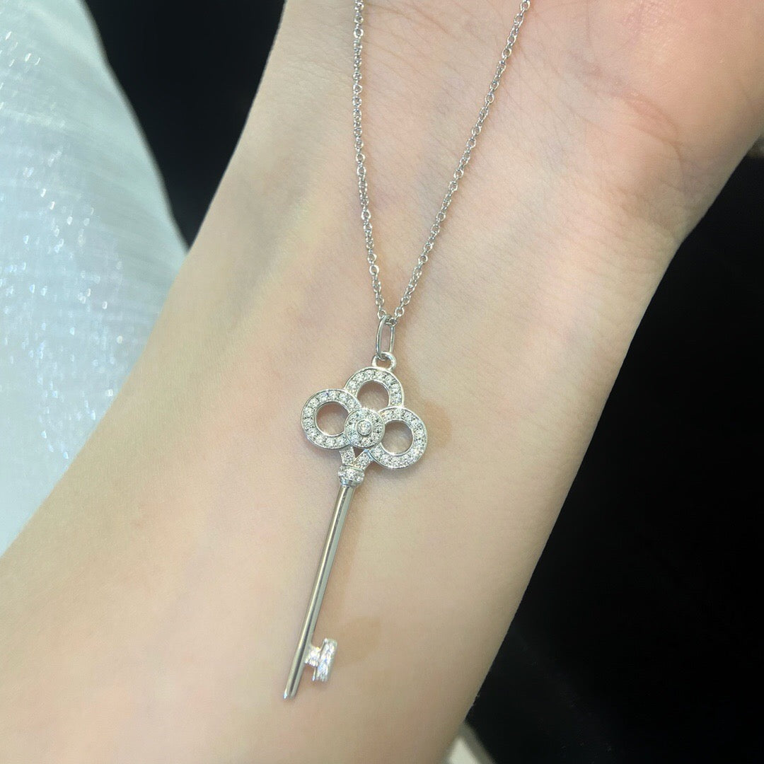 Key Pendant Necklace, White Gold Tone