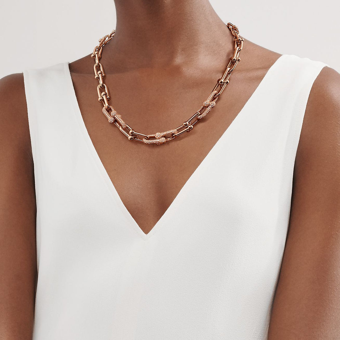 Graduated Link Necklace, Rose Gold Tone, Stone-Set