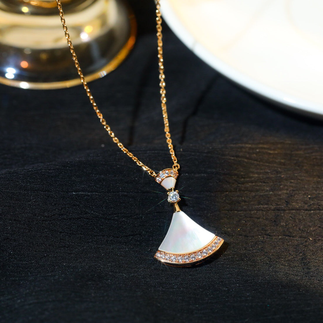 Fan-Motif Necklace, Rose Gold Tone, Stone-Set, Mother-of-Pearl