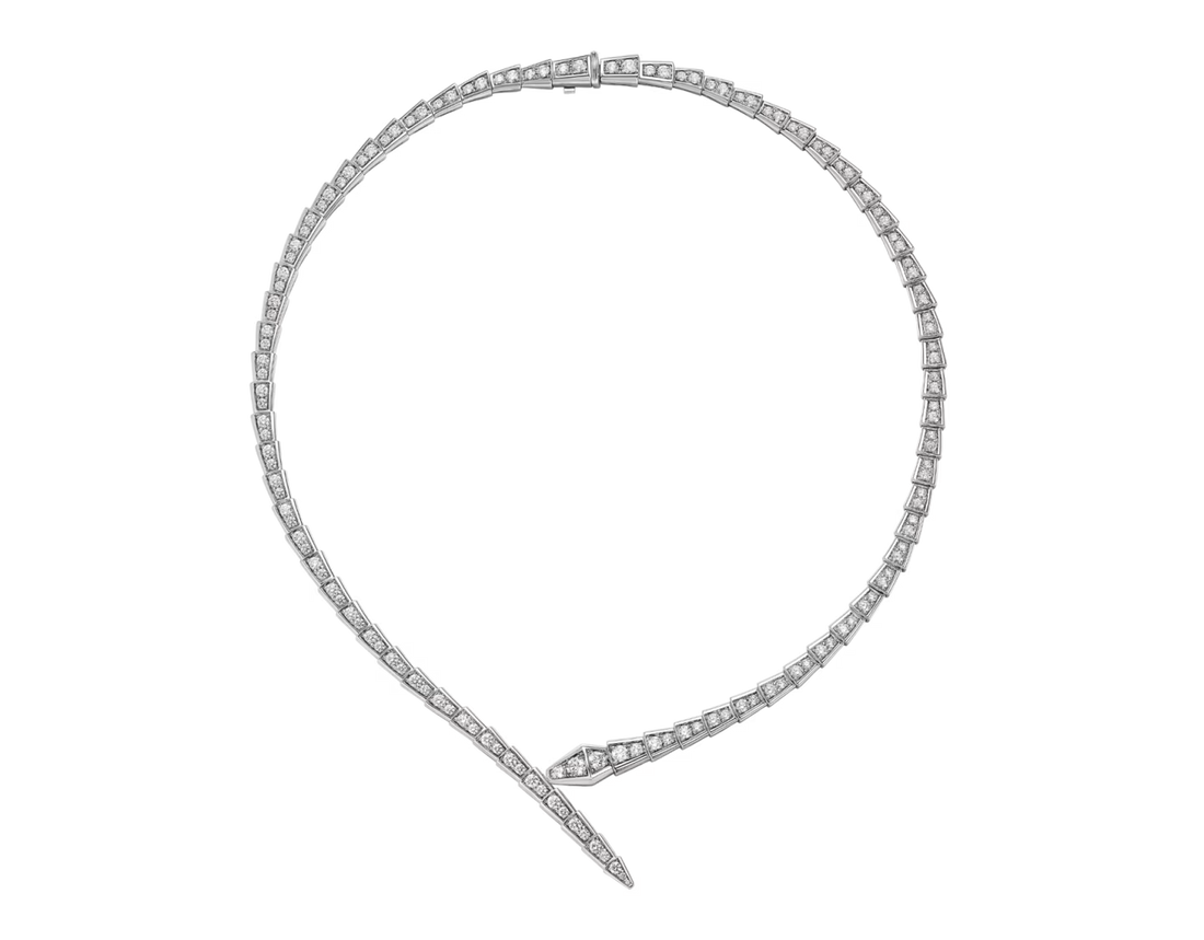 Snake-Scale Necklace, White Gold Tone, Stone-Set