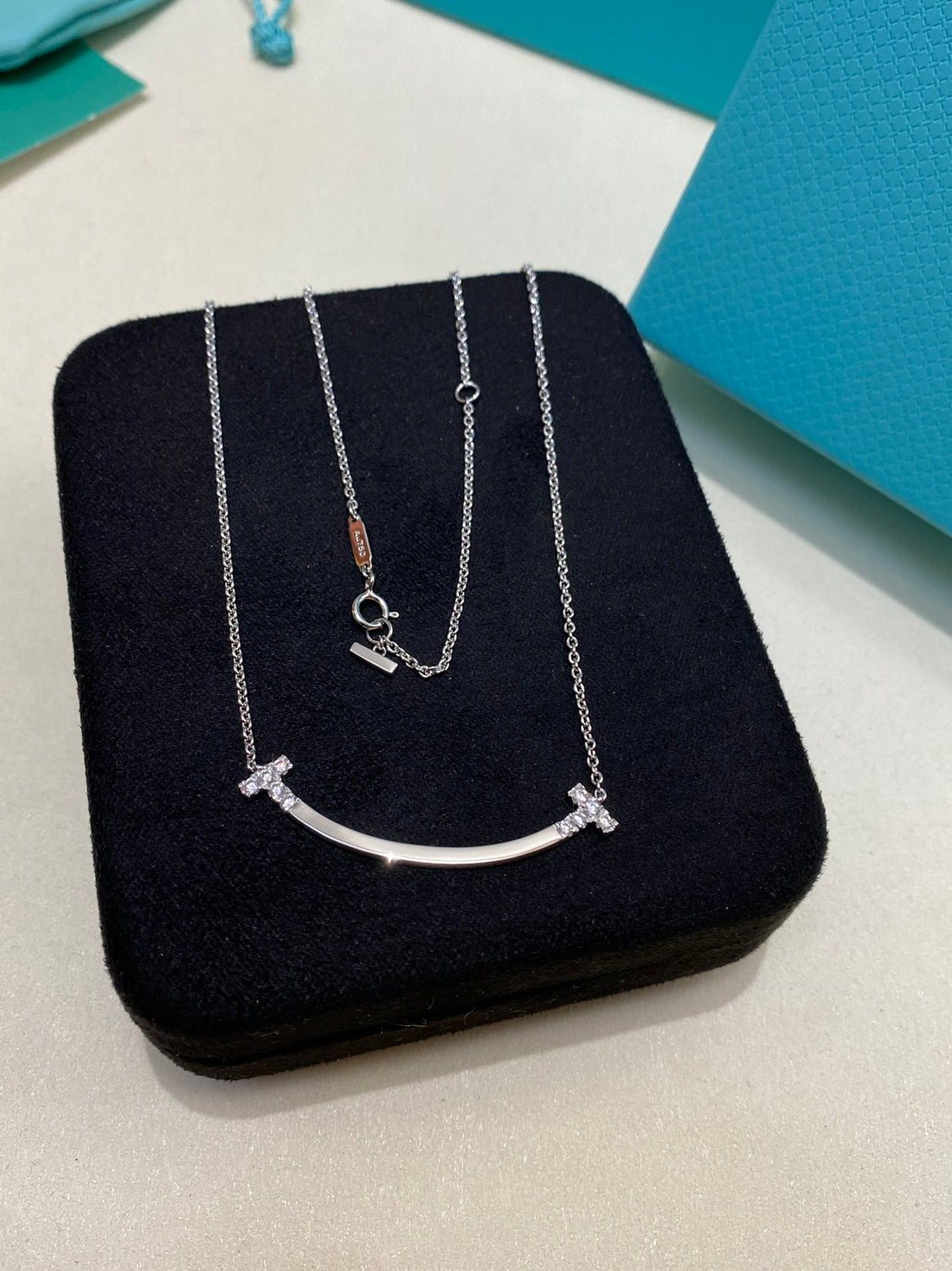 Smile Bar Pendant Necklace, White Gold Tone