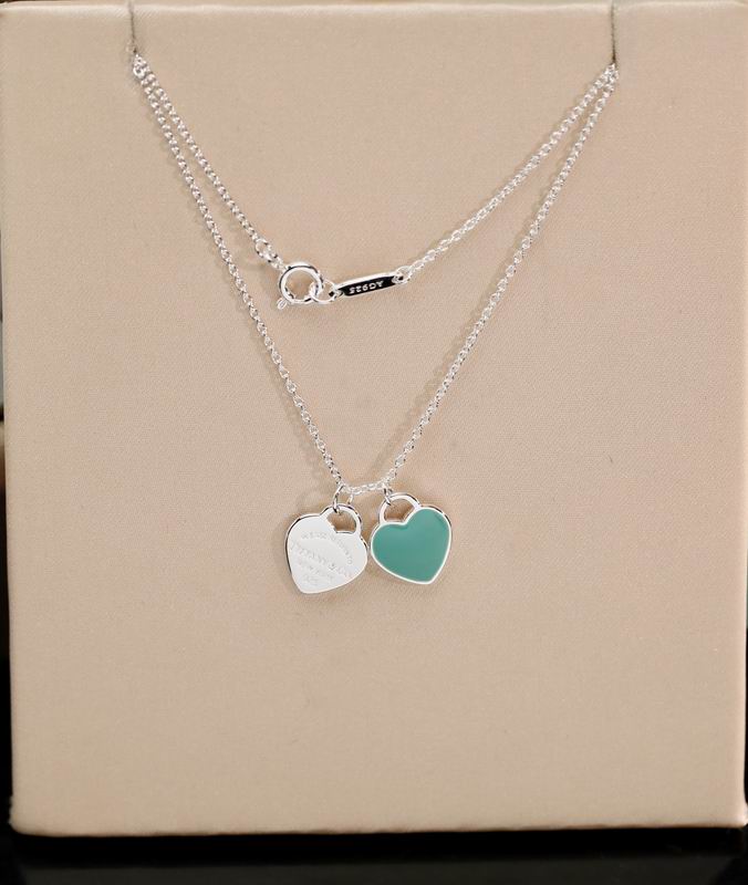 Double Heart Tag Pendant Necklace, Blue, Silver Tone