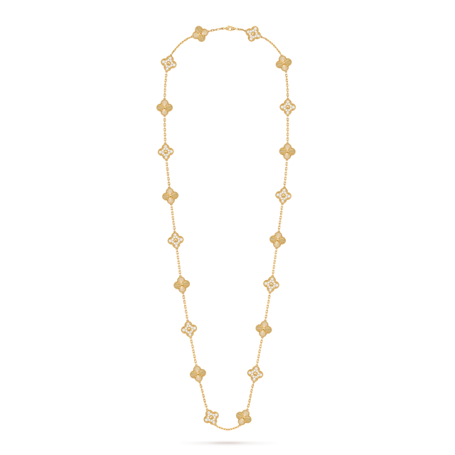 Quatrefoil Long Necklace, 20 Motifs, Rose Gold Tone, Malachite
