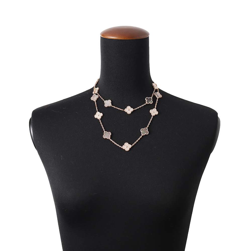 Quatrefoil Long Necklace, 20 Motifs, Rose Gold Tone, Malachite