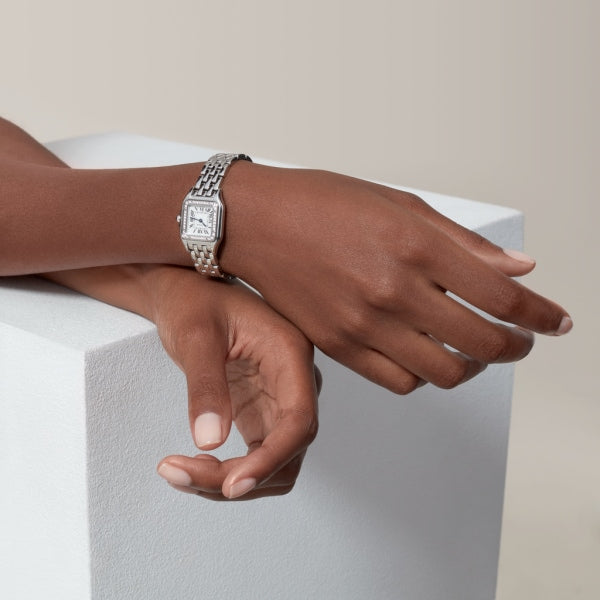 Square Link-Bracelet Watch, White Gold Tone, Stone-Set, White, Small Model