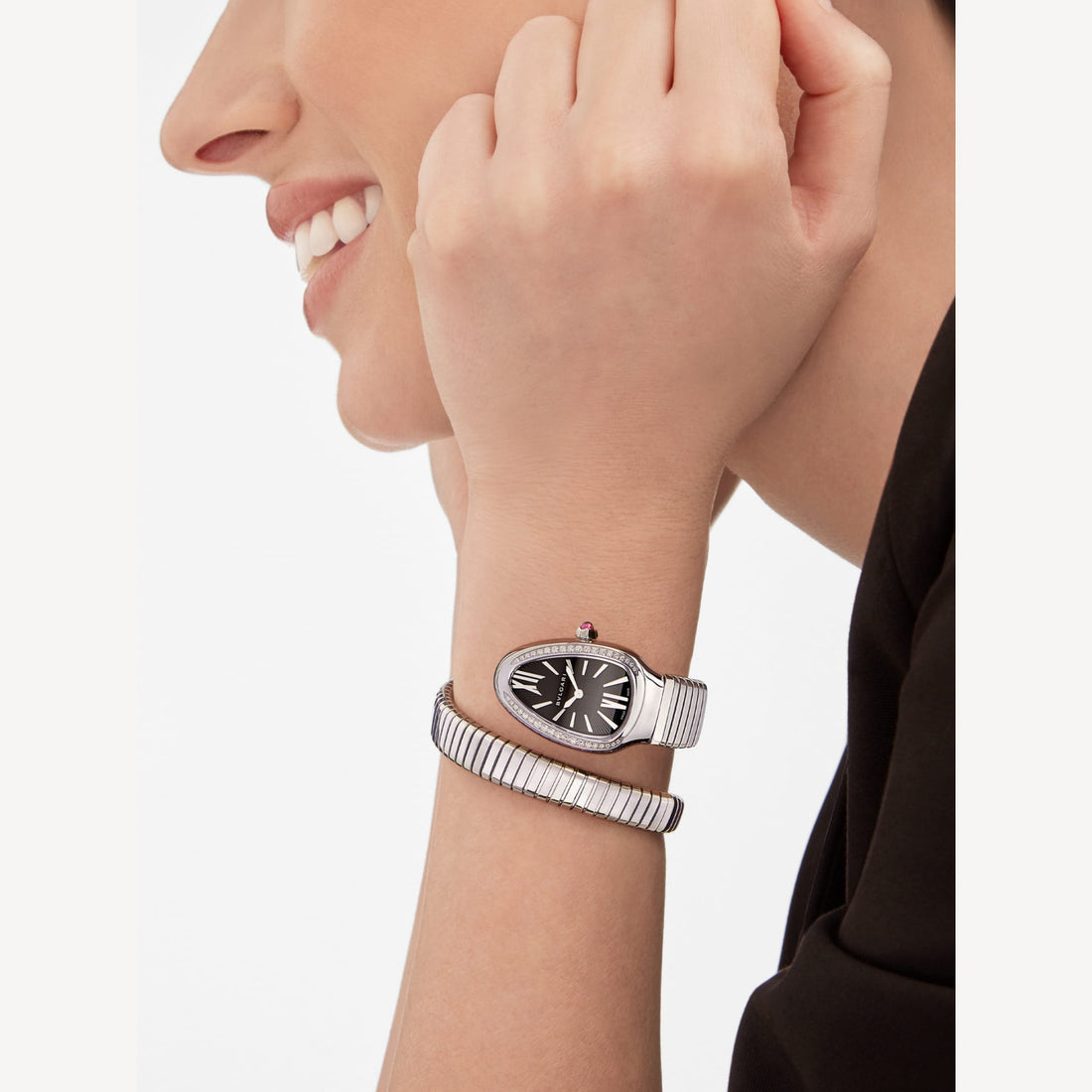 Coiled Band Watch, White Gold Tone, Stone-Set, White, 35 mm