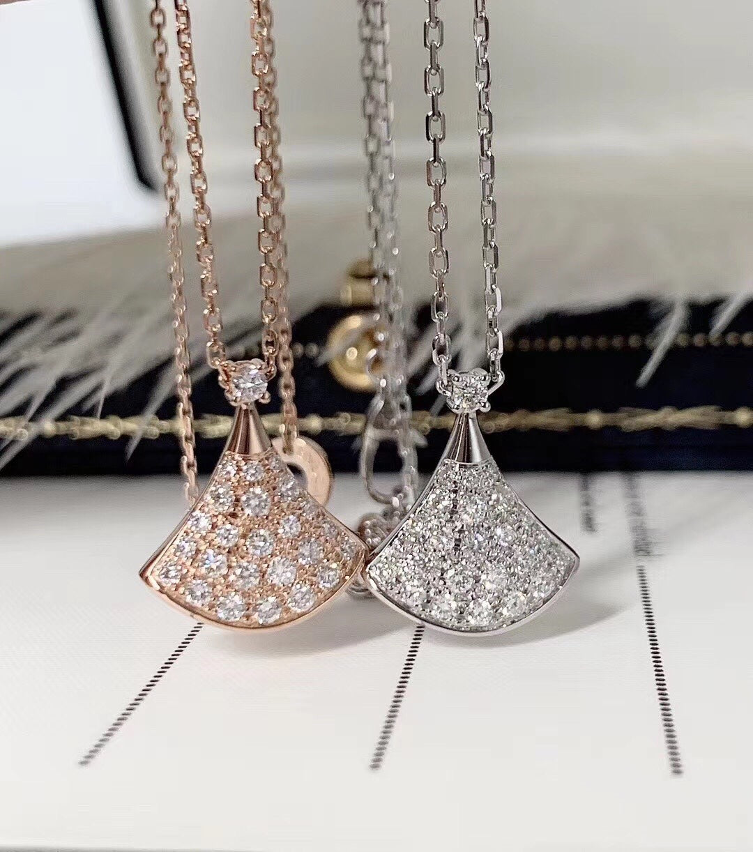 Fan-Motif Necklace, Rose Gold Tone, Stone-Set, Size S