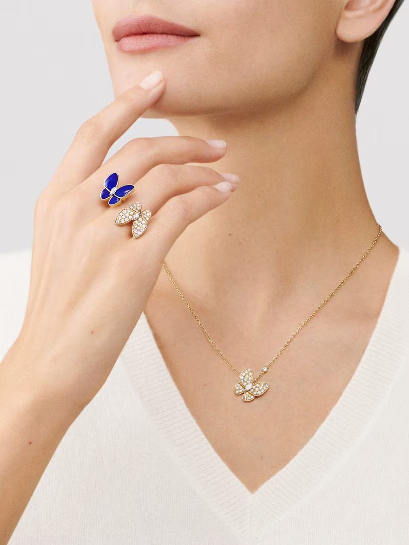 Double Butterfly Pendant Necklace, Yellow Gold Tone