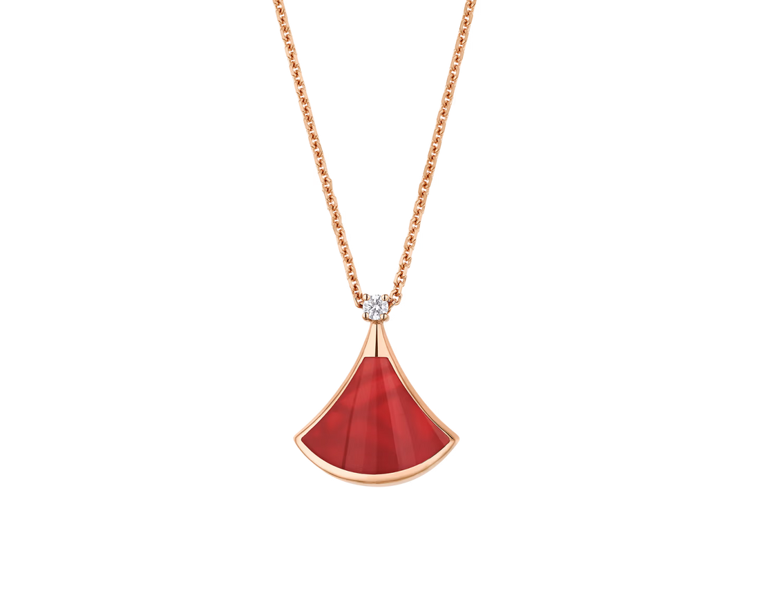 Fan-Motif Necklace, Rose Gold Tone, Stone-Set, Carnelian, Size S