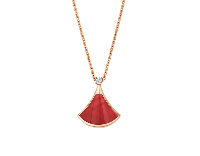 Fan-Motif Necklace, Rose Gold Tone, Stone-Set, Carnelian, Size S