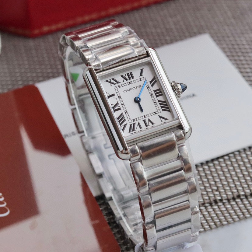 Rectangular Case Watch, White Gold Tone, White, Large Model