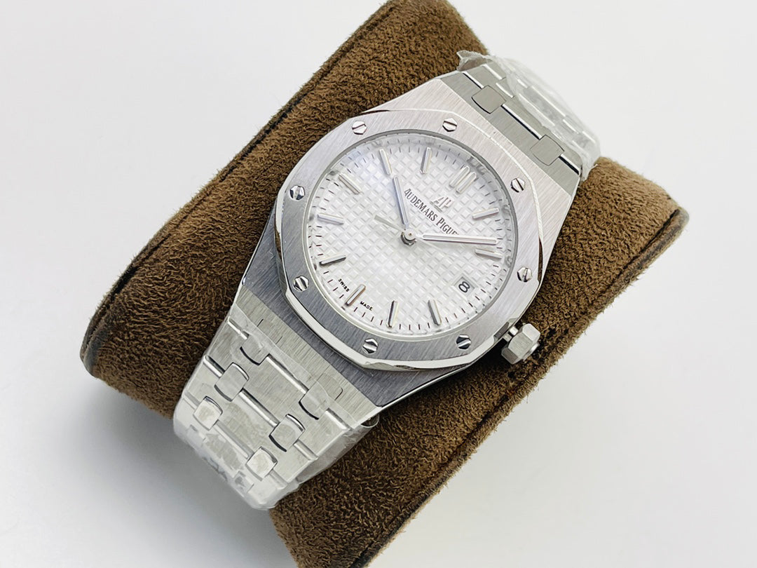 Octagonal Bezel Watch, White Gold Tone, White, 34 mm
