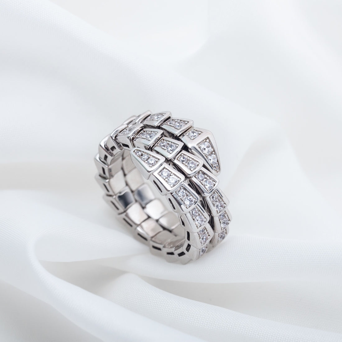 Snake-Scale Ring, White Gold Tone, Stone-Set