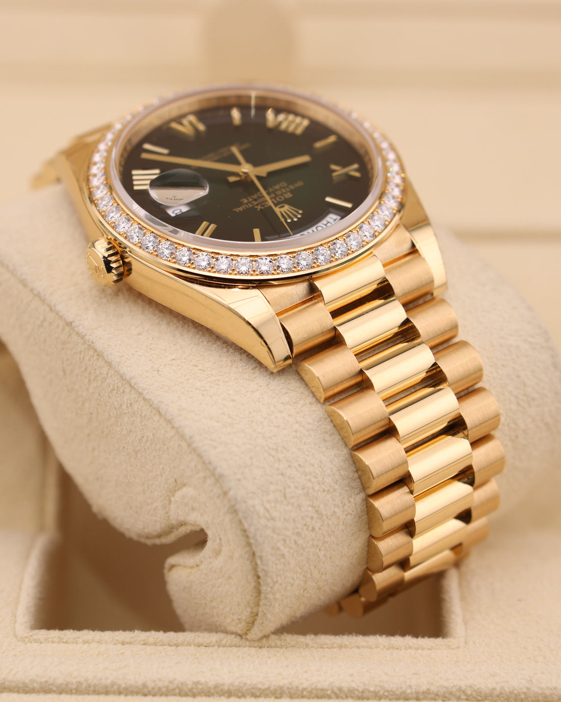 Day and Date Watch, Yellow Gold Tone, Stone-Set, 41 mm