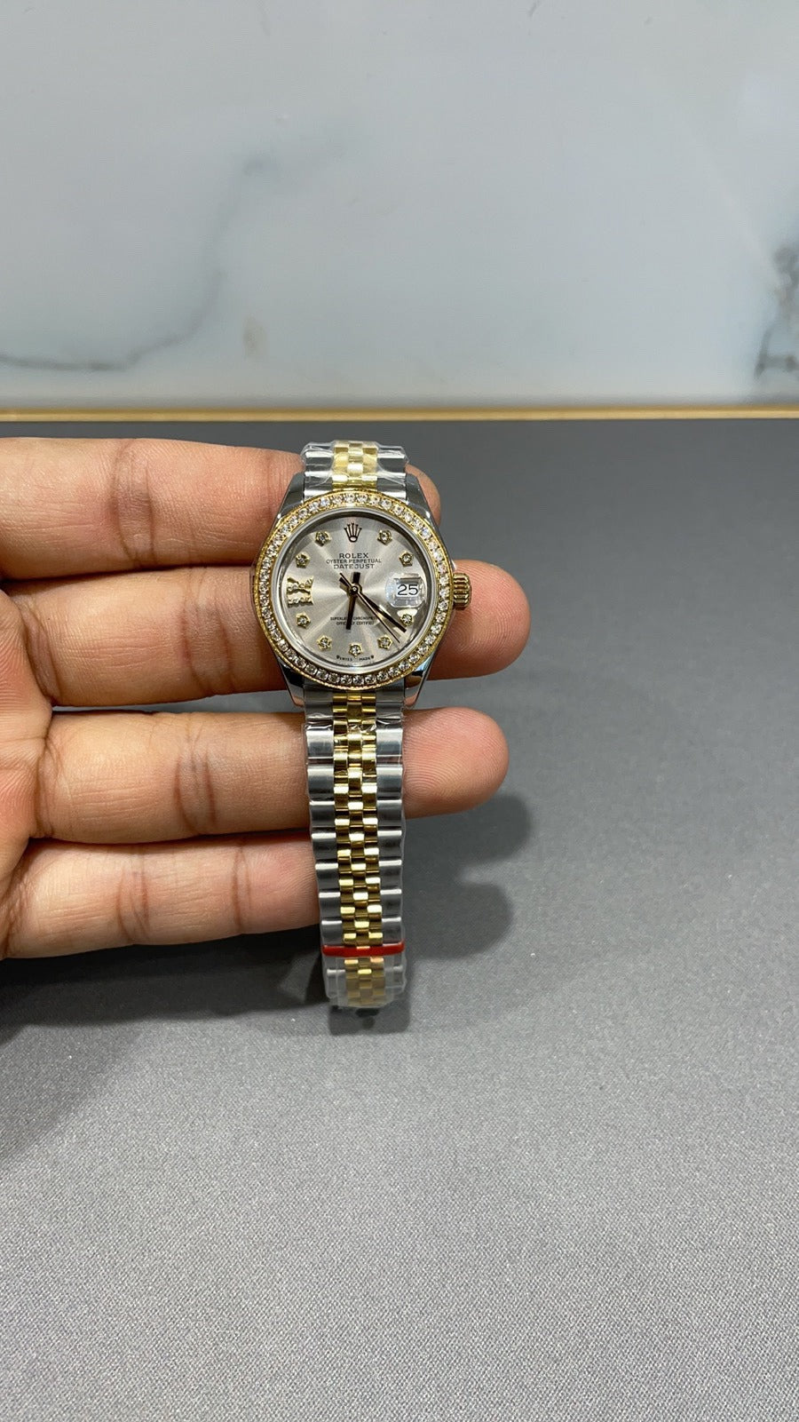 Classic Date Watch, Yellow Gold Tone, Steel, Stone-Set, 28 mm