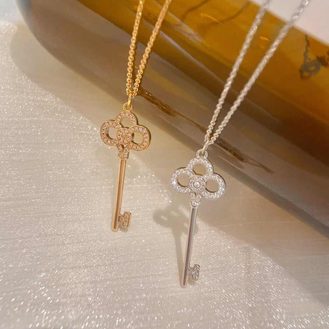Key Pendant Necklace, White Gold Tone