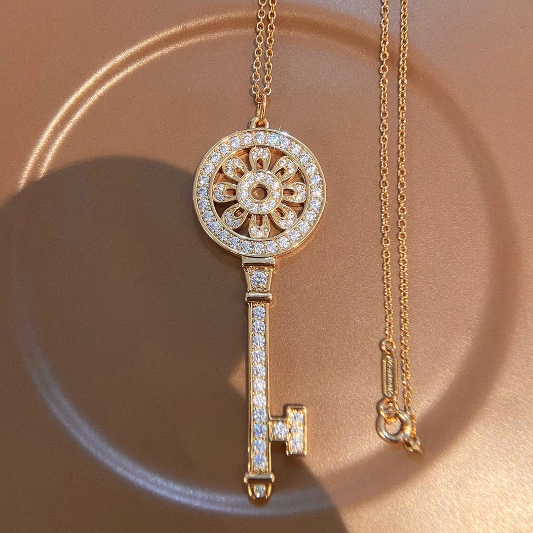 Key Pendant Necklace, White Gold Tone