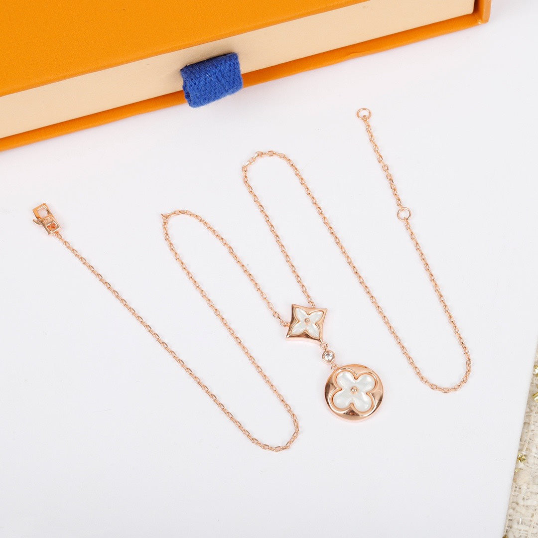Flower Motif Necklace, Rose Gold Tone, Mother-of-Pearl, Stone-Set