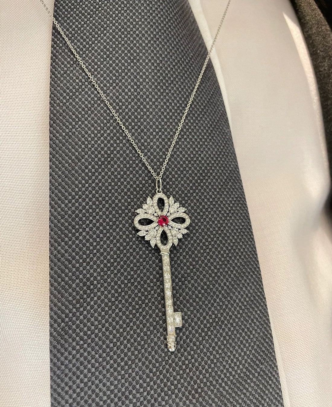 Key Pendant Necklace, White Gold Tone