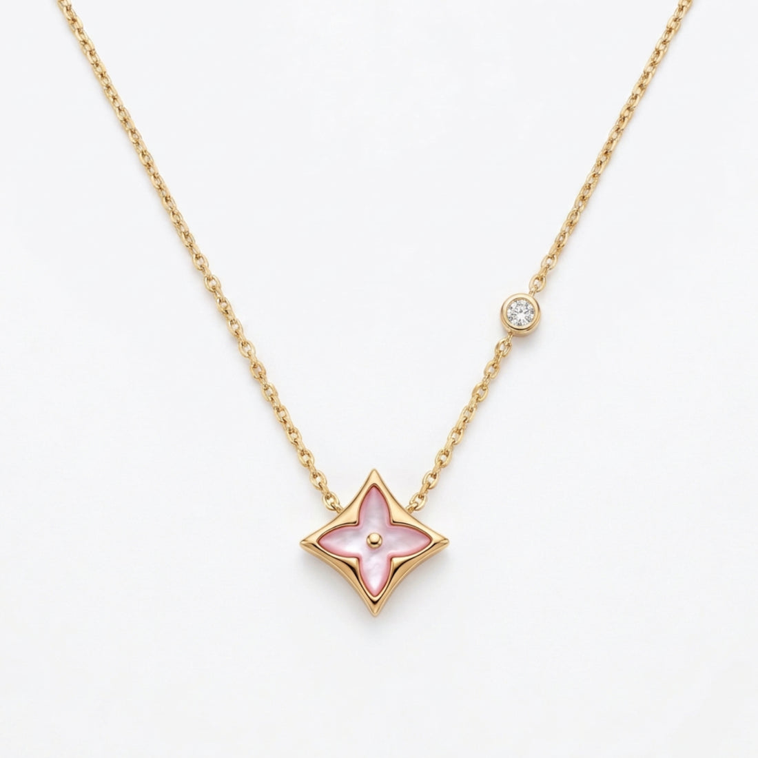 Star-Flower Pendant Necklace, Mother-of-Pearl, Stone-Set, Pink