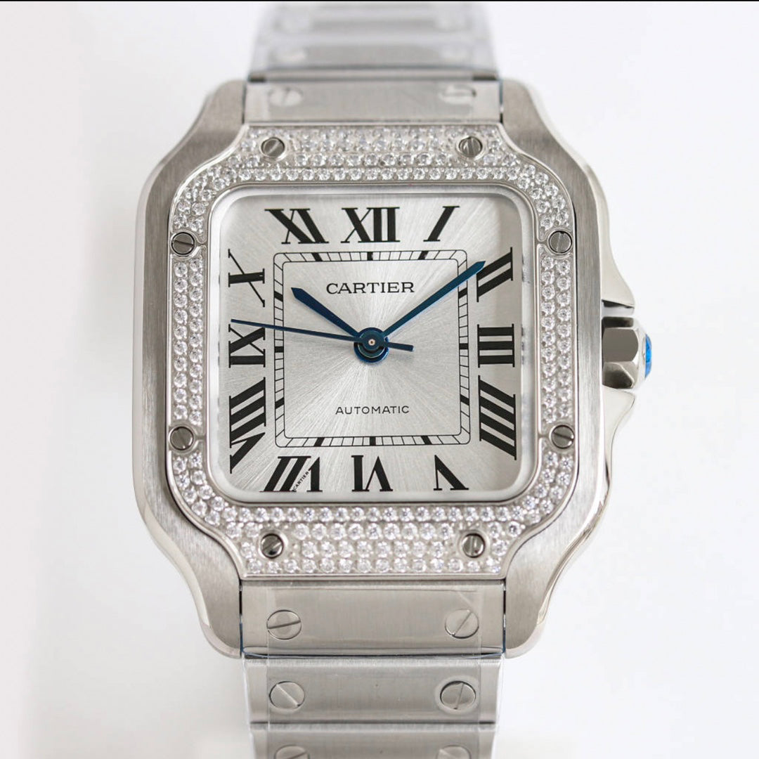 Square Case Watch, Steel, Stone-Set