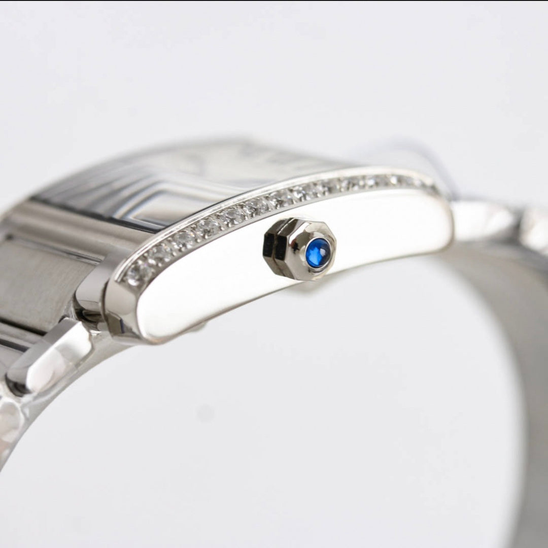 Rectangular Case Watch, White Gold Tone, Stone-Set, White, Small Model