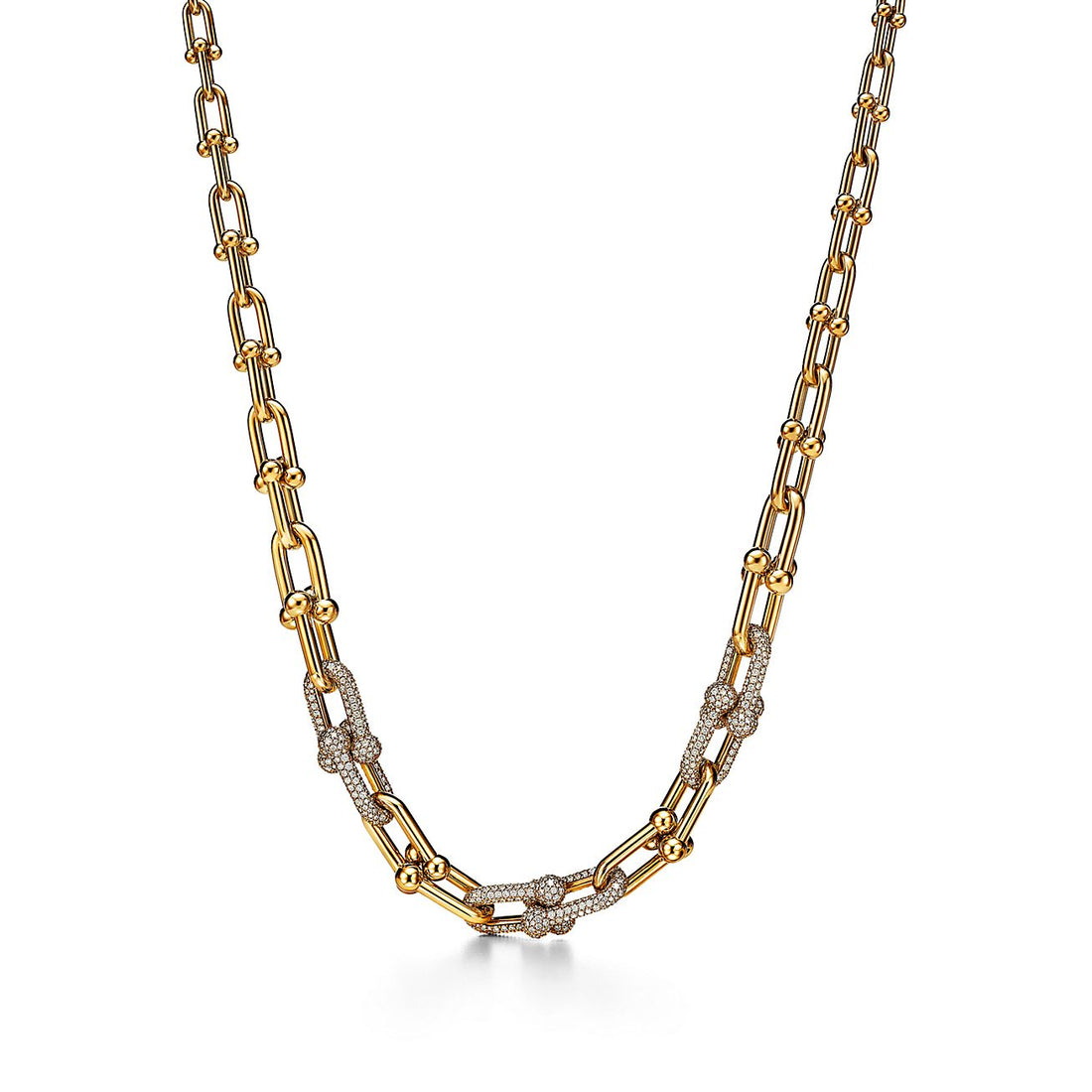 Graduated Link Necklace, Yellow Gold Tone, Stone-Set