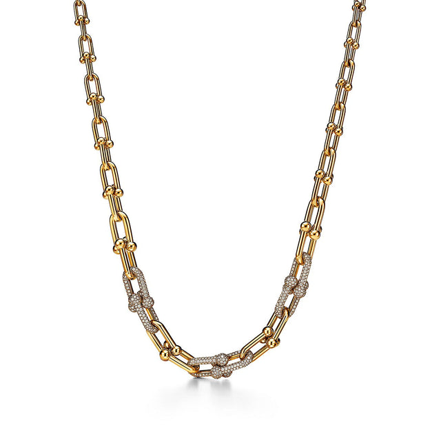 Graduated Link Necklace, Yellow Gold Tone, Stone-Set