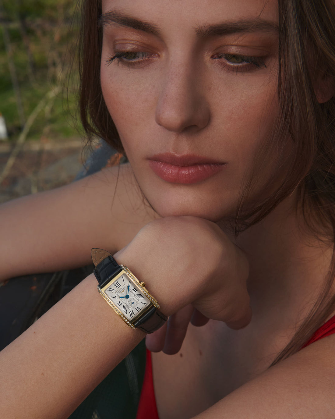 Rectangular Case Watch, 18K, Yellow Gold Tone, Stone-Set