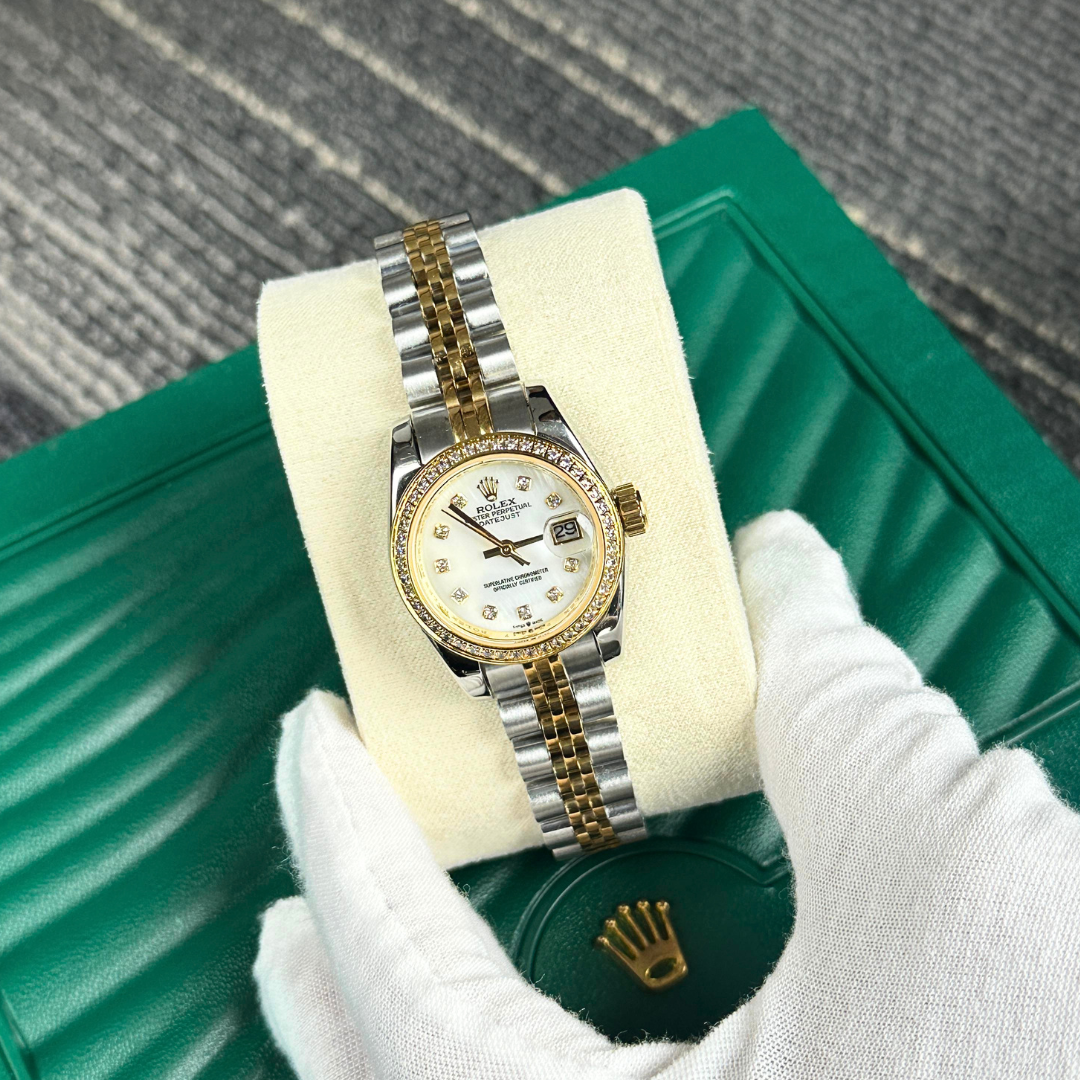 Classic Date Watch, Yellow Gold Tone, Steel, Stone-Set, 28 mm