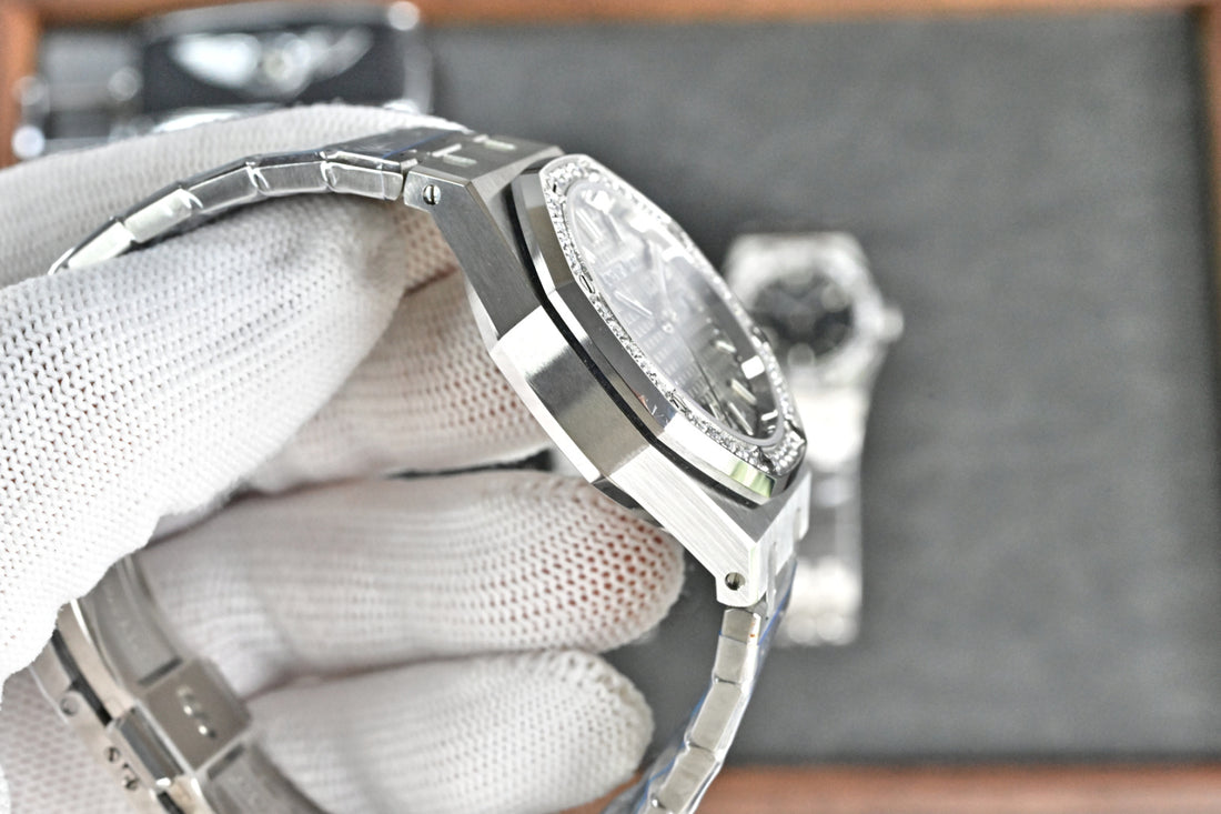 Octagonal Bezel Watch, White Gold Tone, Stone-Set, White, 37 mm