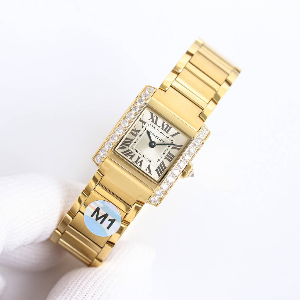 Rectangular Case Watch, Yellow Gold Tone, Stone-Set, Small Model