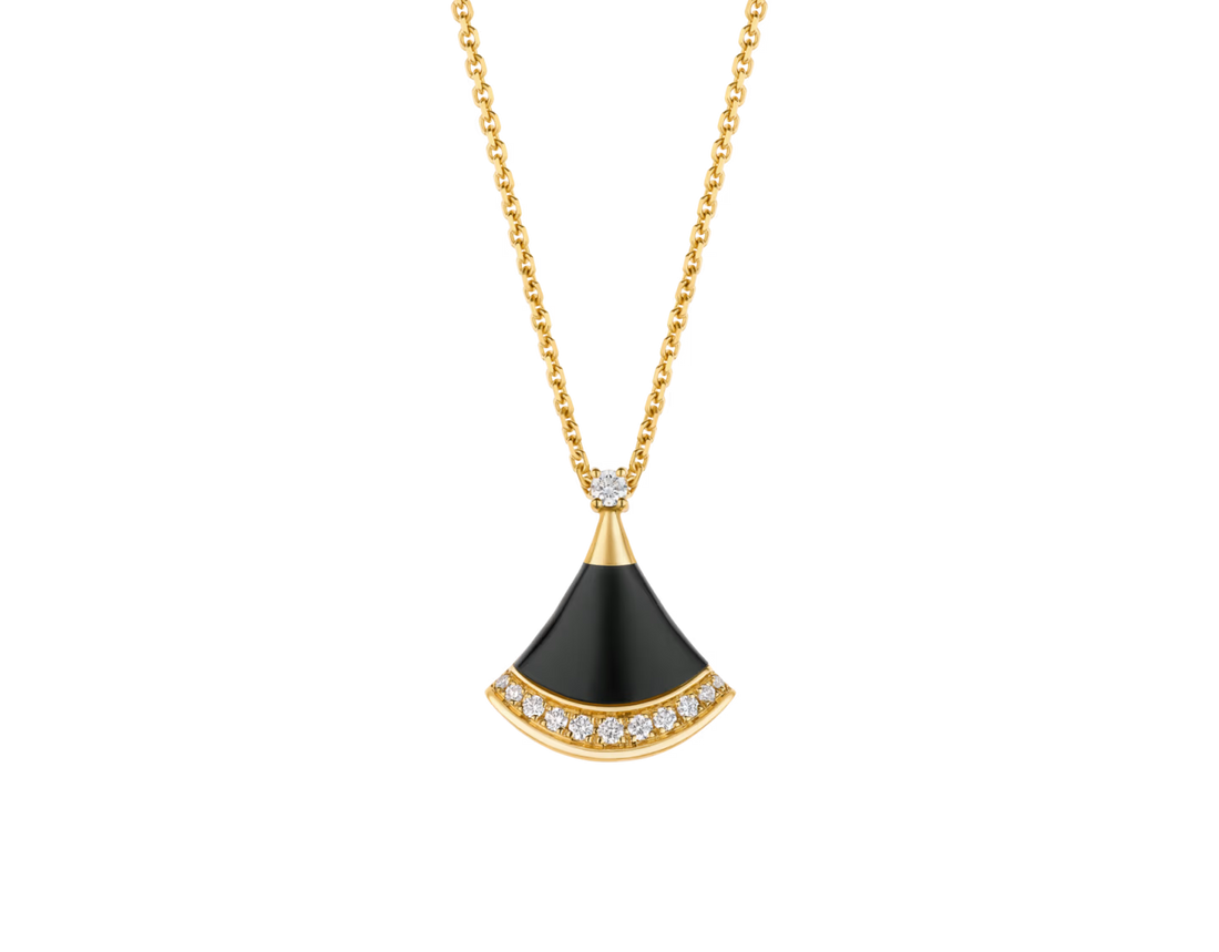 Fan-Motif Necklace, Yellow Gold Tone, Stone-Set, Size S