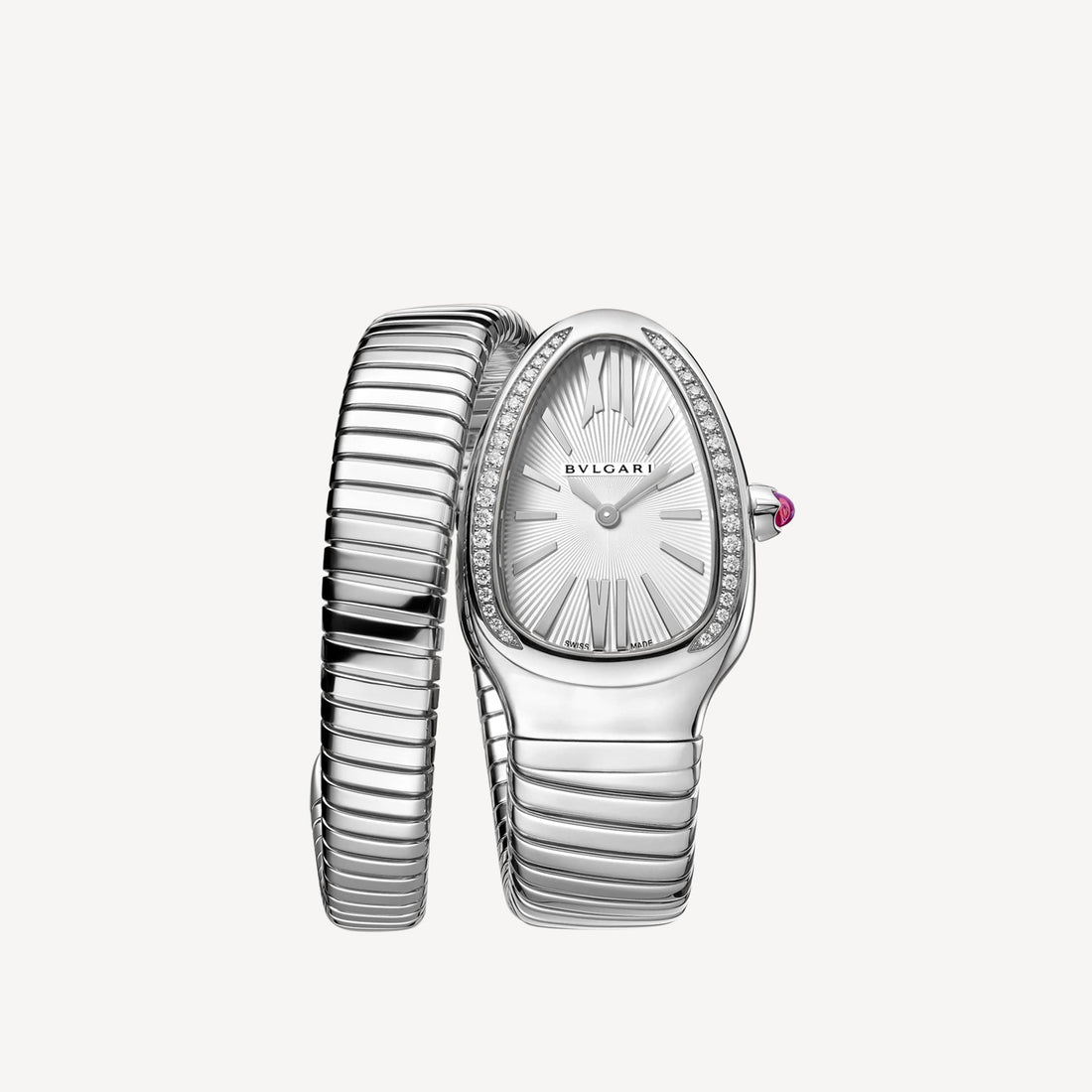 Coiled Band Watch, White Gold Tone, Stone-Set, White, 35 mm