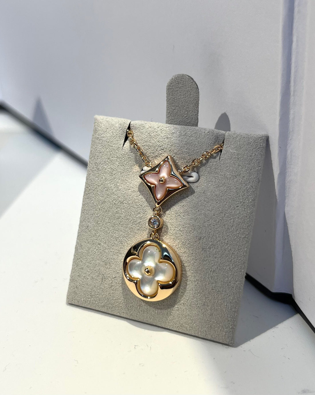 Flower Motif Necklace, Rose Gold Tone, Mother-of-Pearl, Stone-Set