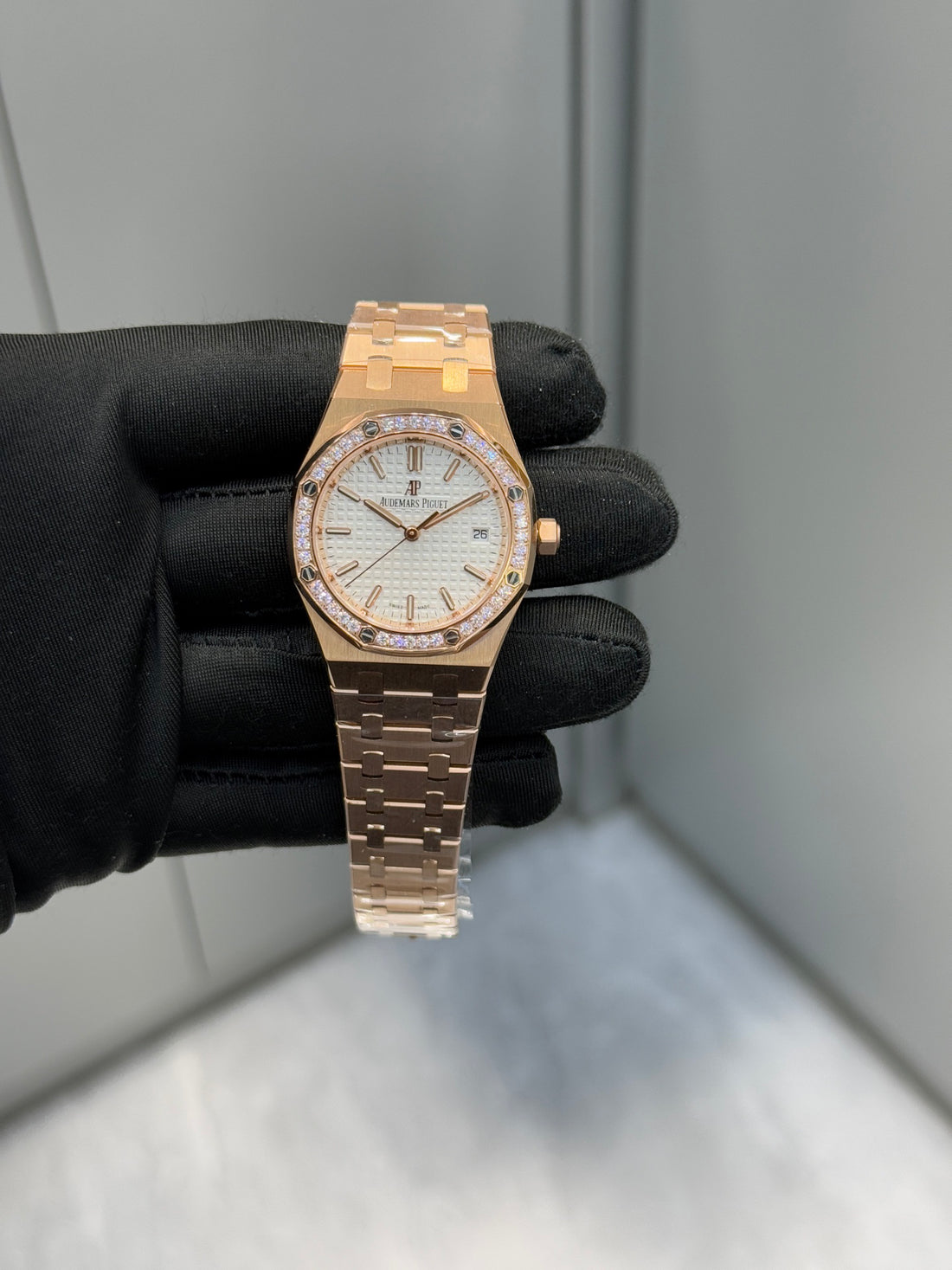 Octagonal Bezel Watch, Rose Gold Tone, Stone-Set, 34 mm