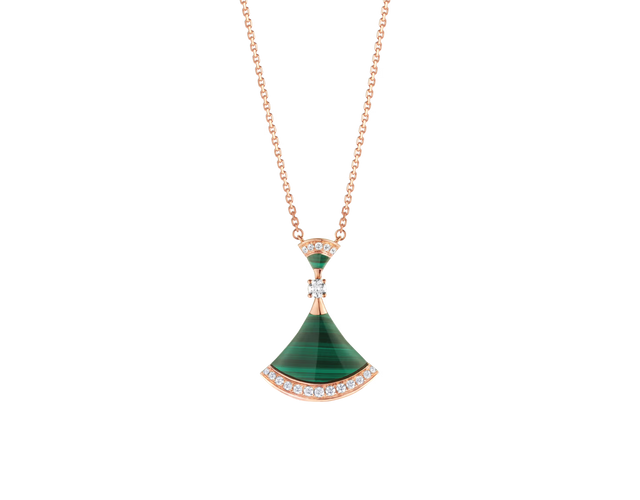 Fan-Motif Necklace, Rose Gold Tone, Stone-Set, Malachite