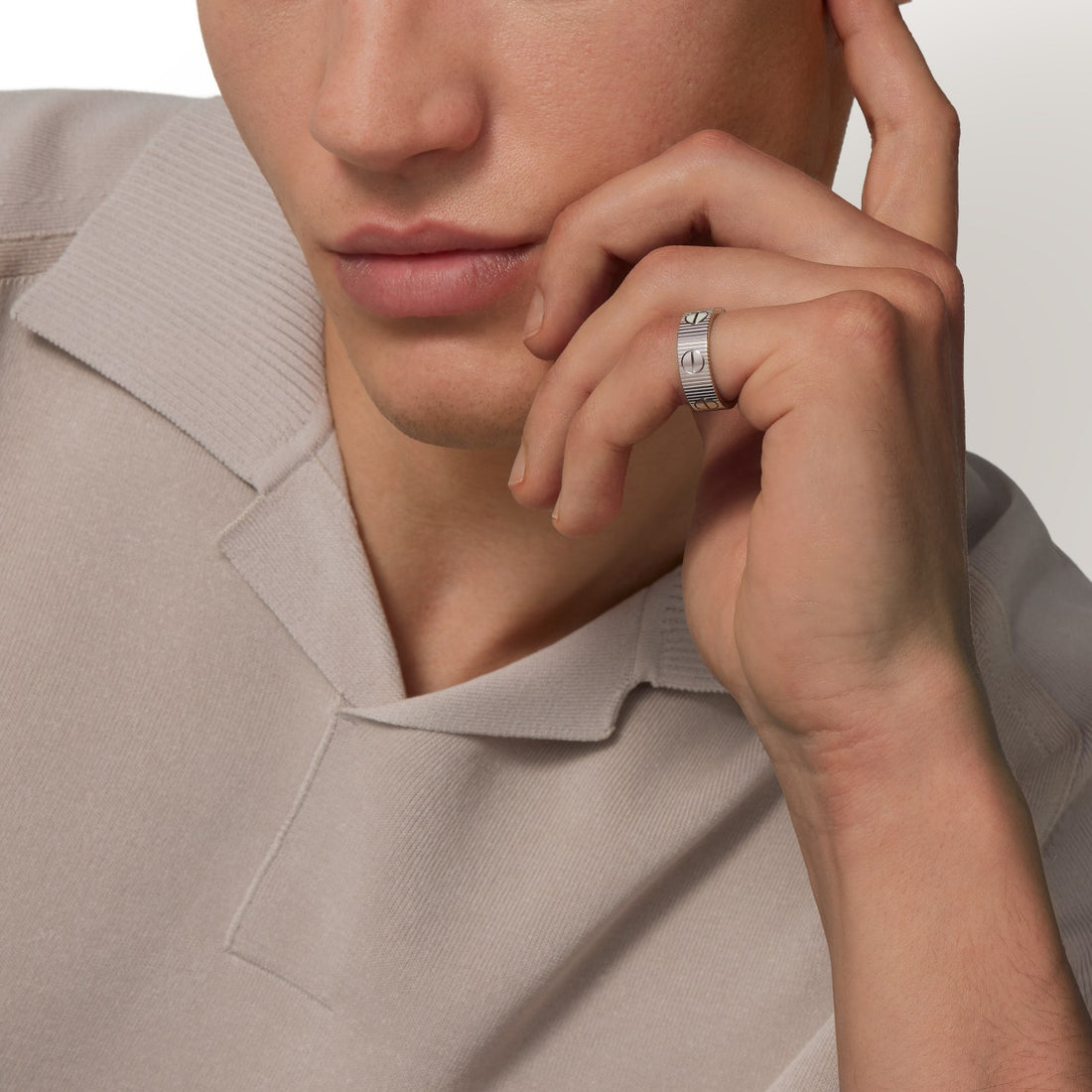 Screw-Motif Open Ring, White Gold Tone, White