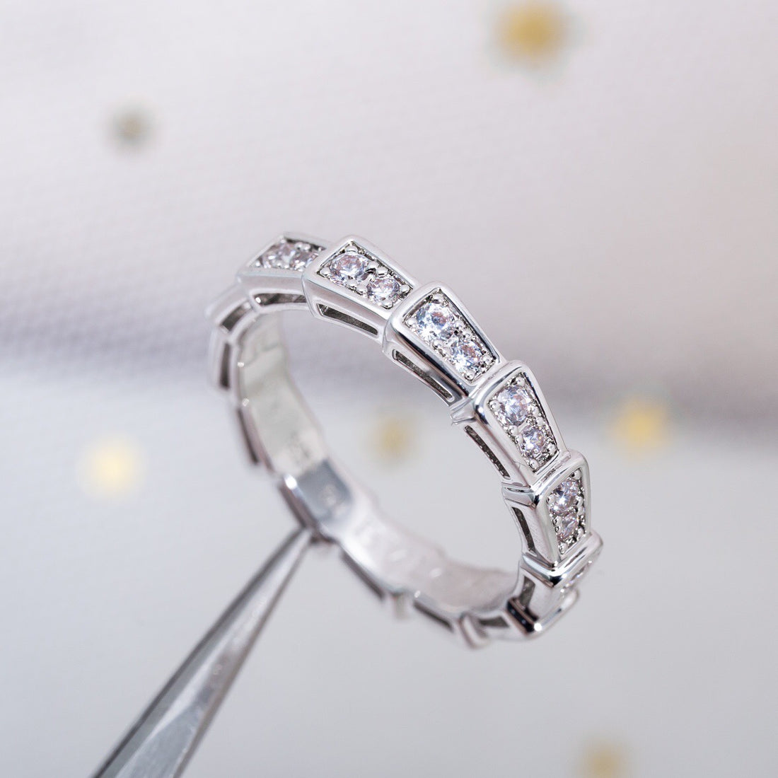 Snake-Scale Ring, White Gold Tone, Stone-Set
