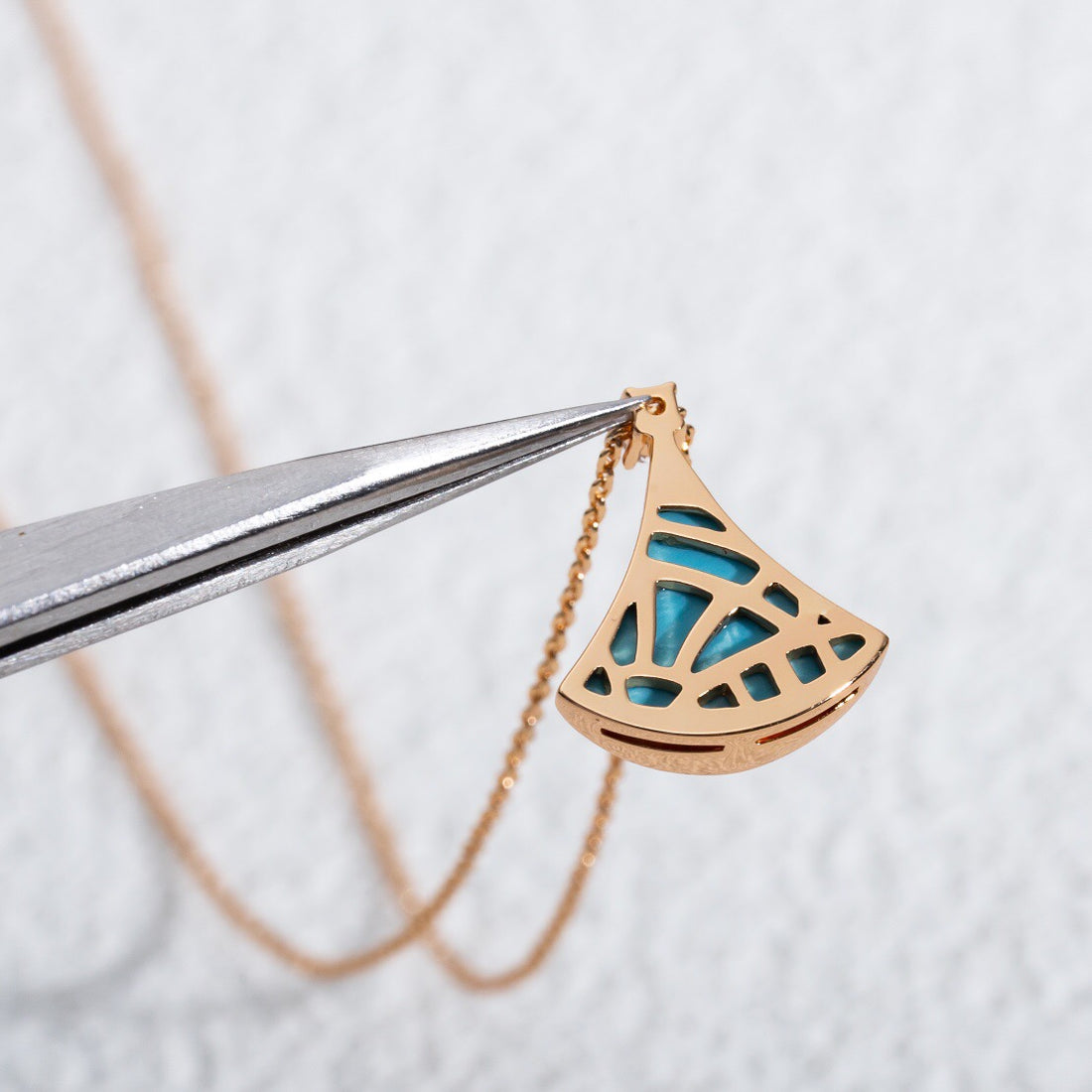 Fan-Motif Necklace, Rose Gold Tone, Stone-Set, Turquoise