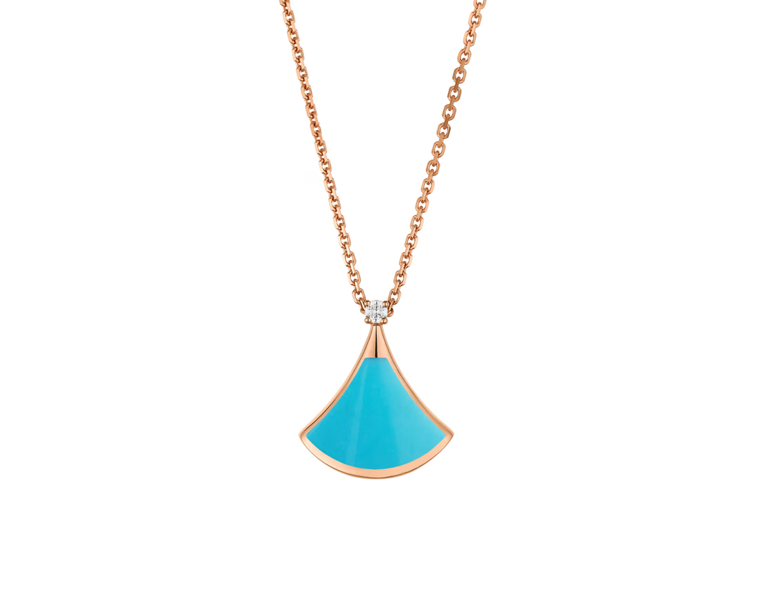 Fan-Motif Necklace, Rose Gold Tone, Stone-Set, Turquoise