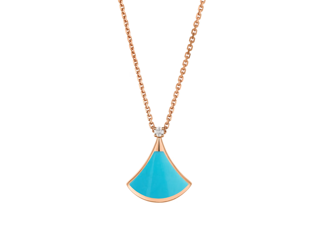 Fan-Motif Necklace, Rose Gold Tone, Stone-Set, Turquoise