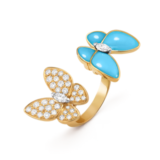 Double Butterfly Ring, Yellow Gold Tone, Turquoise